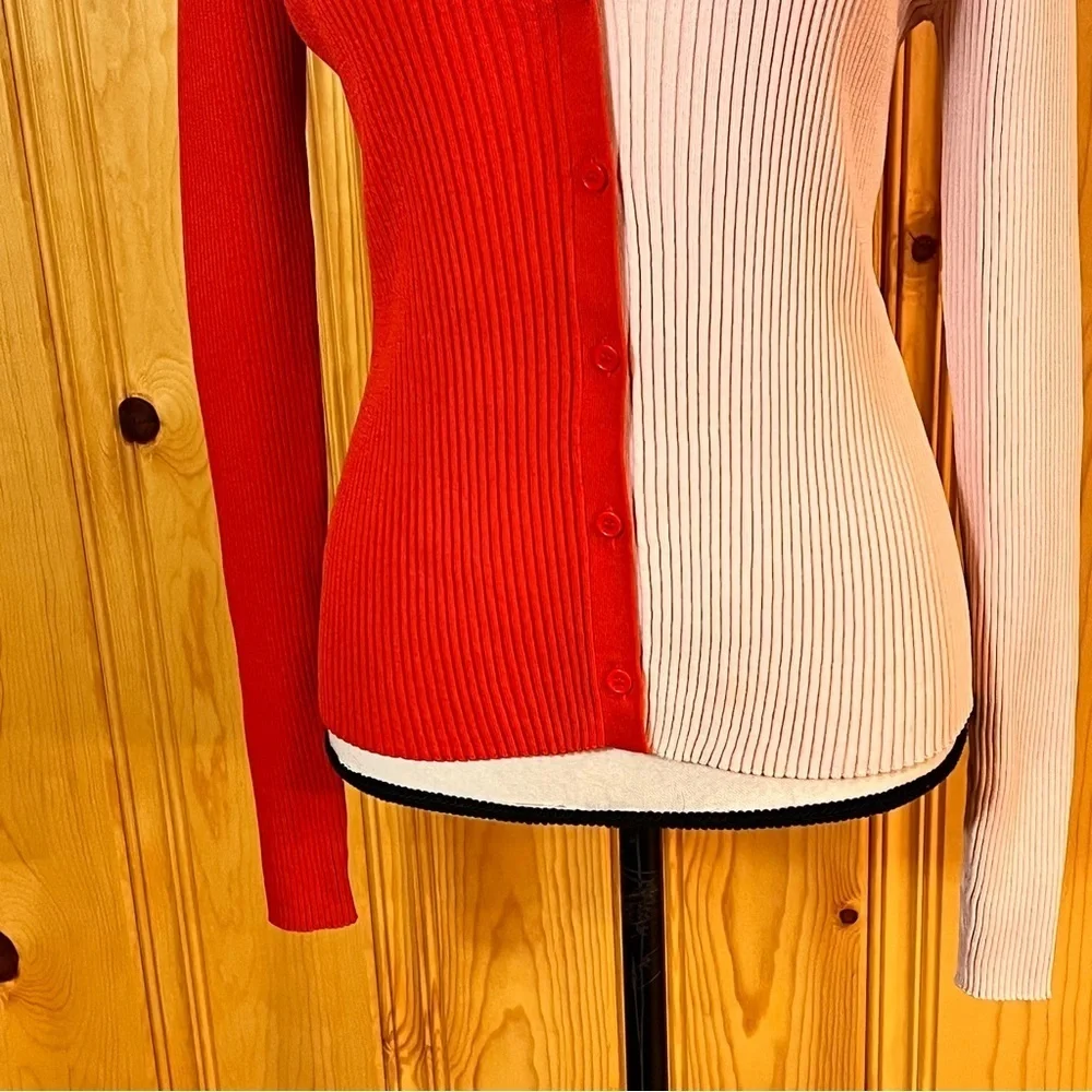 STAUD Color Block Ribbed Knit V-Neck Cargo Cardigan Sweater Sz-M - Picture 3 of 9